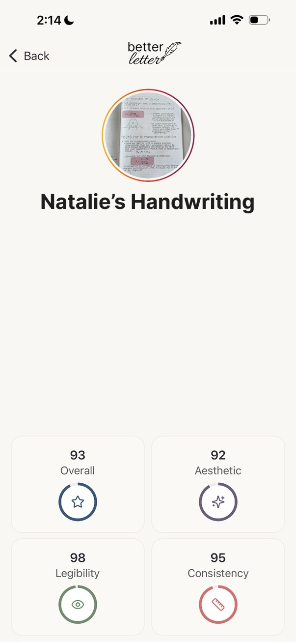 BetterLetter App Interface - Handwriting Analysis